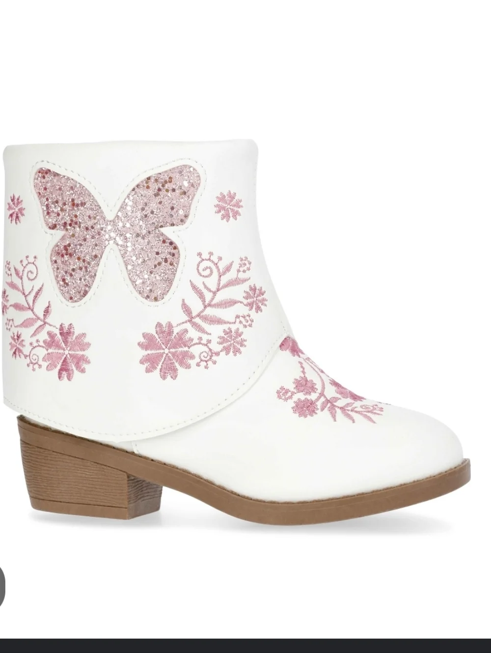 PAWZ White Kids Boots with Pink Glitter Butterfly